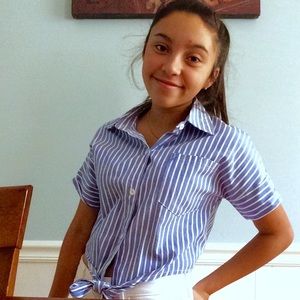 blue and white stripe button down shirt